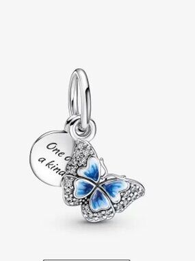 NEW Authentic Pandora Blue Butterfly & Quote Double Dangle Charm 790757C01